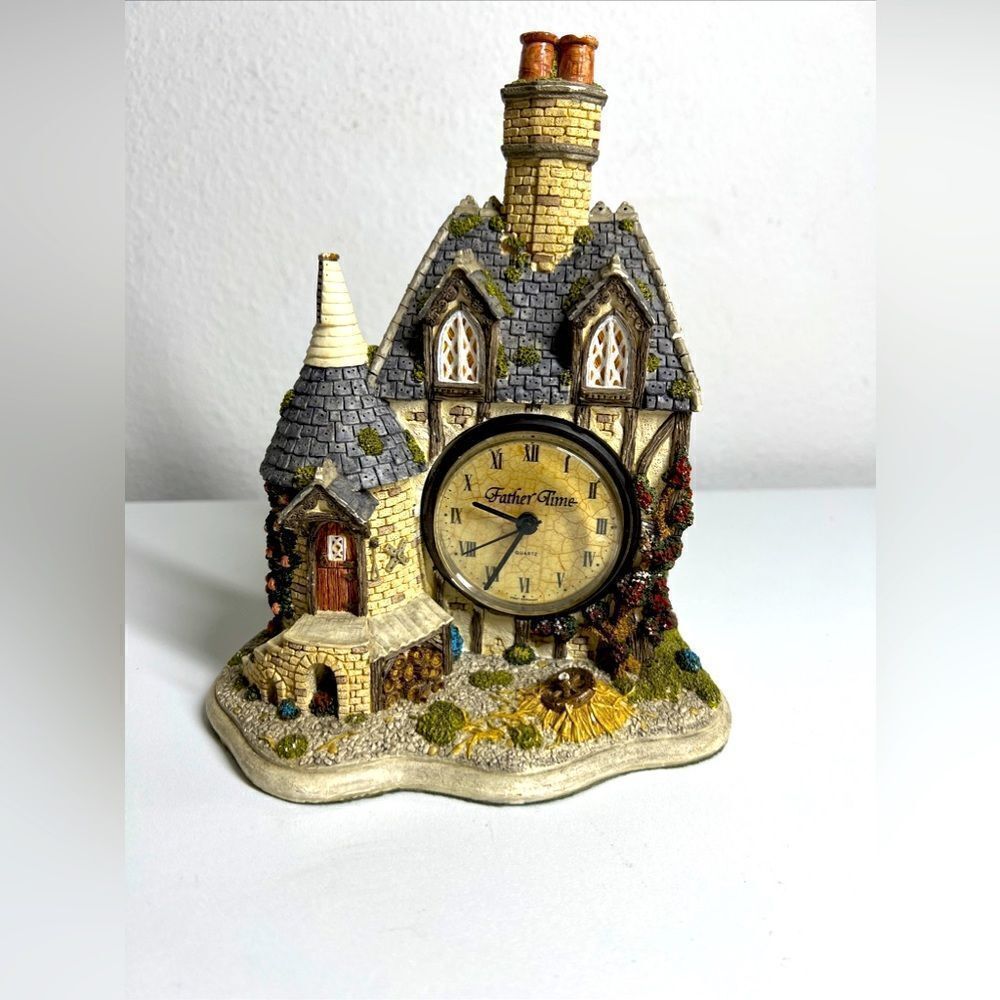 Father Time Cottage Mantel Clock Herbert Signed England Figurine Farmhouse Farm